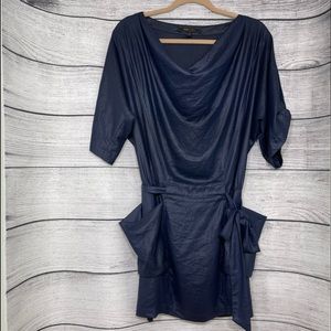 BCBG Mai Drape Cocktail Dress Cowl Neck Outside Pockets Navy Sz XS